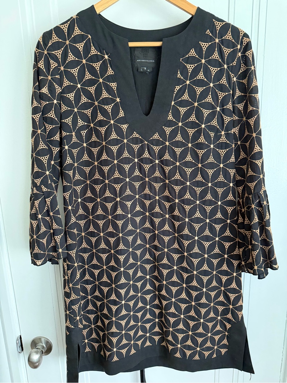 Anthropologie Black Mini Dress with Gold Geometric Print